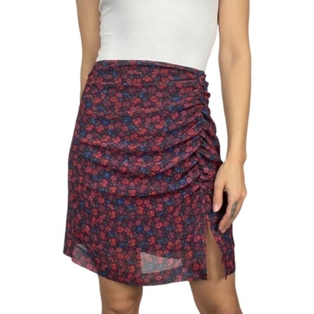 Mango Suit Draped Red Floral Print Mini Skirt w/ Slit